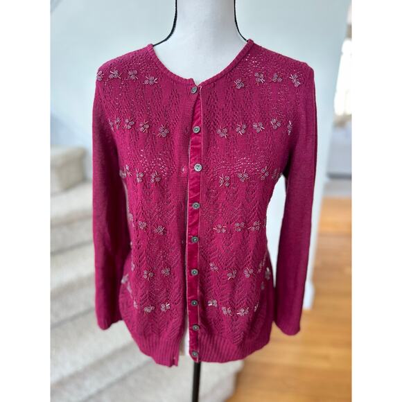 Vintage Y2K Liz Claiborne Red Beaded Crochet Long Sleeve Cardigan - Picture 1 of 6